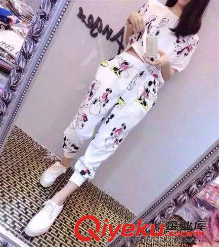 六月新款 代發(fā) 2015夏季新款韓版印花短袖T恤兩件套 套裝【廠家直銷】