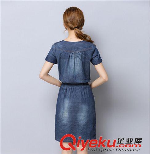 六月新款 批發(fā) 2015夏季新款女裝圓領(lǐng)短袖鏤空洗水牛仔 連衣裙【廠家直銷】