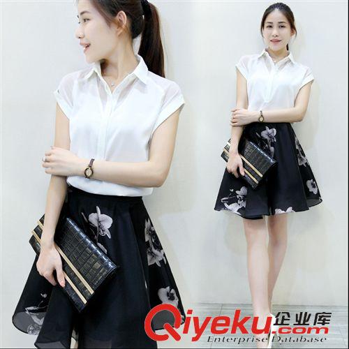五月新款 歐洲站2015夏季新品女裝修身襯衫印花裙兩件套連衣裙