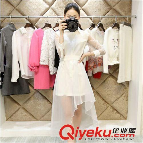 四月新款 歐洲站2015新款長袖歐根紗連衣裙女 修身假兩件不規(guī)則長裙