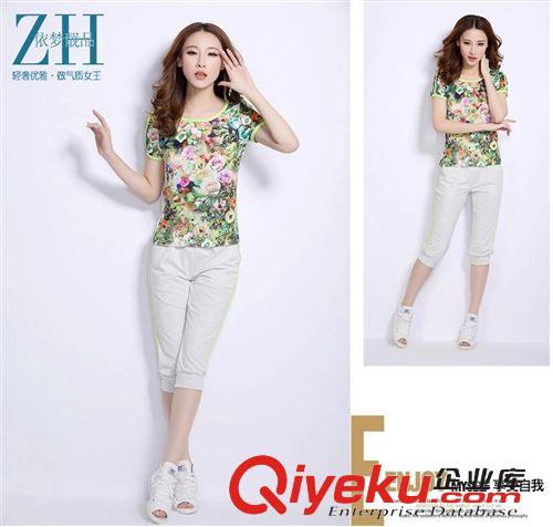 2015夏季新品 2015夏裝女款套裝 韓版運動套裝女士個性印花雪紡短袖運動套裝