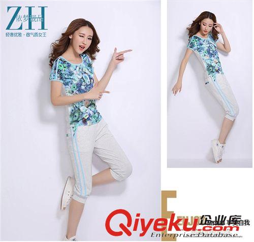 2015夏季新品 2015夏裝女款套裝 韓版運動套裝女士個性印花雪紡短袖運動套裝