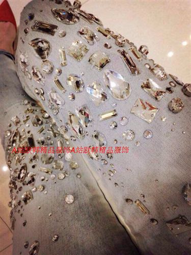 褲子 歐洲站2015{zx1}款手工縫鉆奢華水洗顯瘦百搭牛仔小腳褲 現(xiàn)貨原始圖片2