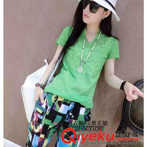 【特惠專區(qū)】 歐洲站夏裝新款套裝女 時尚蕾絲刺繡短袖上衣+休閑褲套裝一件代發(fā)原始圖片2