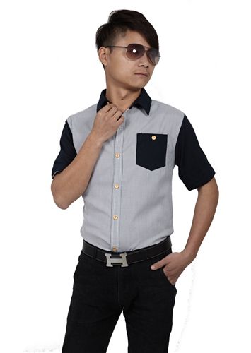 男式襯衫 夏款青少年高時尚爆款短袖襯衣撞色男士休閑襯衫 修身男襯衣原始圖片2