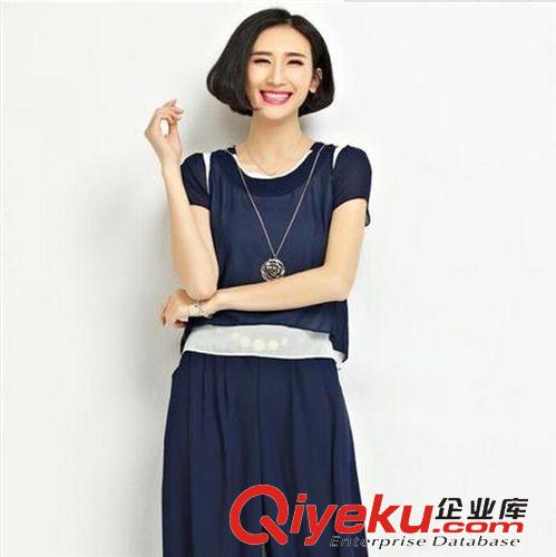 夏季闊腿褲套裝 大碼女裝夏裝 加加大顯瘦短袖雪紡上衣+九分寬腿褲兩件套原始圖片2