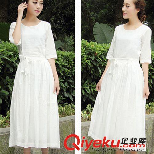 棉麻深女系 棉麻女裝文藝深女系小清新五分袖長(zhǎng)裙 純白色棉麻連衣裙