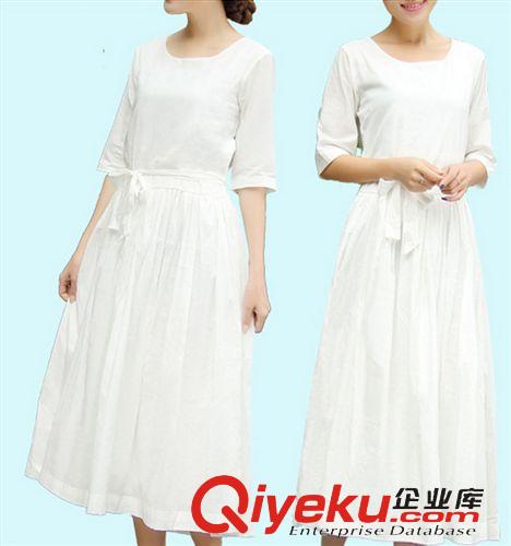 棉麻深女系 棉麻女裝文藝深女系小清新五分袖長(zhǎng)裙 純白色棉麻連衣裙