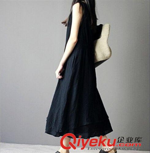 棉麻深女系 棉麻女裝 文藝深女系小清新層次大擺無袖寬松大碼中長棉麻連衣裙