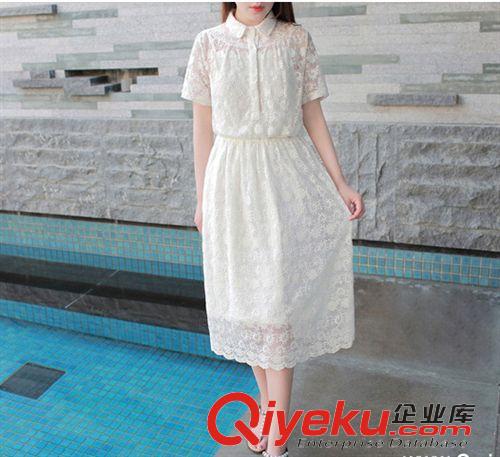 棉麻深女系 東大門新款森女系文藝小清新 娃娃領短袖中長兩件套蕾絲連衣裙原始圖片2
