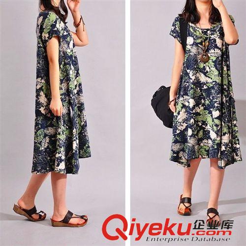 棉麻深女系 棉麻女裝韓國(guó)東大門(mén)大碼胖MM顯瘦 文藝印花短袖不規(guī)則棉麻連衣裙原始圖片2