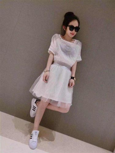 5月夏季 大東門微信一手貨源{zx1}女裝時尚燙鉆棉麻拼紗短袖連衣裙原始圖片3