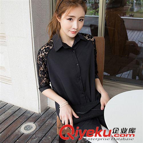 夏季靚裝三 歐洲站2015夏裝新款女裝打底上衣 蕾絲拼半袖不規則下擺雪紡襯衫原始圖片2