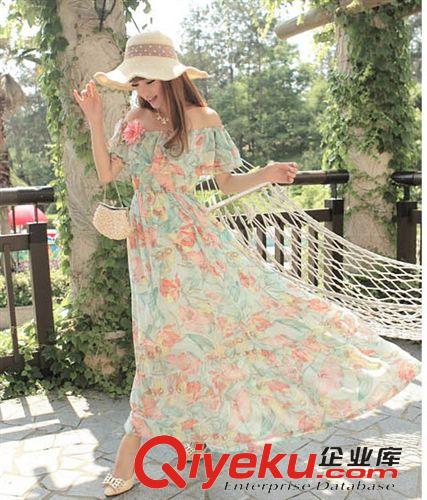 夏季靚裝一 波西米亞長裙 沙灘裙 夏季女裝新款 一字領(lǐng)超仙印花雪紡連衣裙原始圖片3
