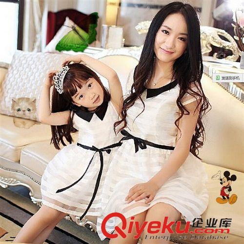 999 親子裝大東門女裝 夏季新款韓版黑領(lǐng)條紋歐根紗連衣裙母女裝