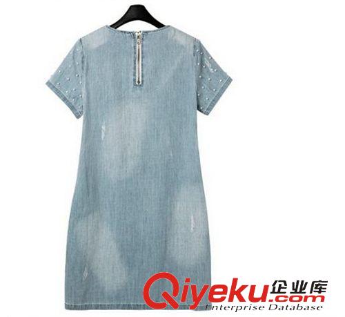 孕婦裝 大碼胖MM顯瘦洗水釘珠牛仔連衣裙 歐美加大短袖棉麻連衣裙原始圖片2