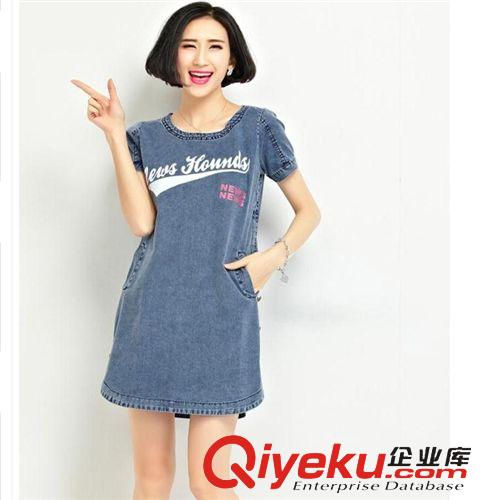 掌柜推薦 胖MM大碼顯瘦連衣裙女裝 夏季韓版短袖大碼寬松A字牛仔連衣裙原始圖片3
