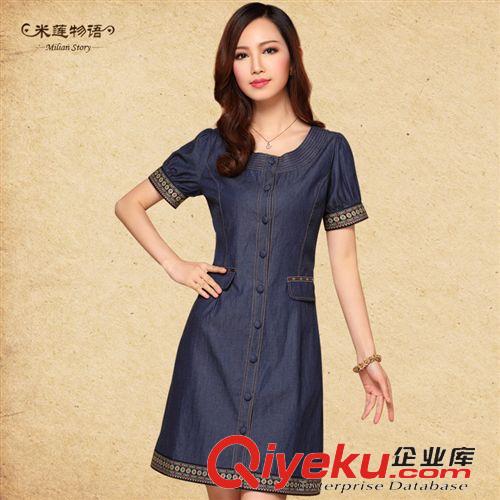 444 大碼胖MM顯瘦女裝夏季復古花邊薄款短袖民族風情牛仔連衣裙