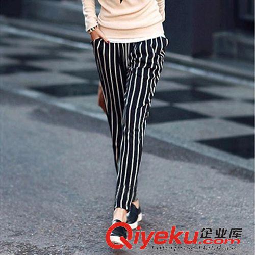 新款休閑運(yùn)動(dòng)套裝 2015新款女褲黑白豎條紋哈倫褲女式胖mm大碼女裝休閑褲長褲原始圖片2