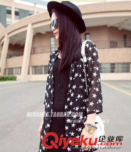 熱賣內(nèi)搭吊帶背心 2015春夏季潮新款雪紡開衫大小星星寬松中袖中長款外搭防曬衣女薄
