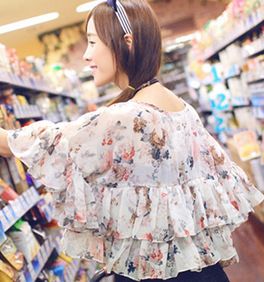 5月25號新款 2015夏季新款拼接荷葉袖甜美花朵雪紡衫 女裝短袖上衣半袖批發(fā)原始圖片3