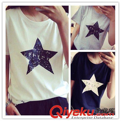 5月10號(hào)新款 2015夏季新款大碼休閑女裝五角星印花寬松圓領(lǐng)短袖女T恤女式半袖