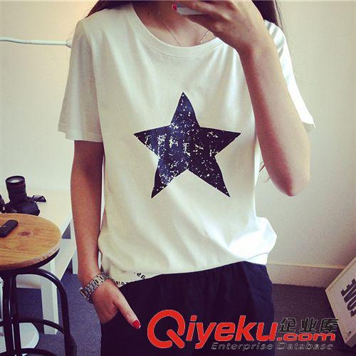 5月10號(hào)新款 2015夏季新款大碼休閑女裝五角星印花寬松圓領(lǐng)短袖女T恤女式半袖