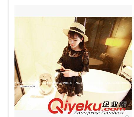 雪紡*蕾絲衫 2015歐美夏季爆款玫瑰花網紗拼接荷葉邊 女式短袖連衣短裙原始圖片3