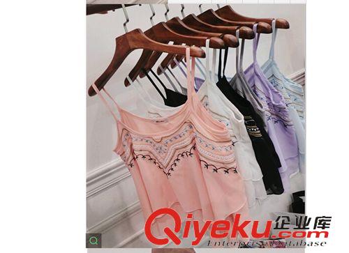 小背心*抹胸 2015歐美夏新款雪紡吊帶 尖角刺繡女式雙層雪紡露臍短款原始圖片3