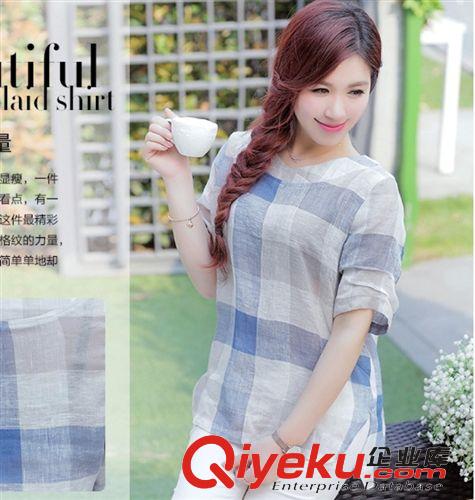 時尚新品 大碼寬松亞麻格子襯衫女夏韓版修身圓領棉麻t恤女裝上衣
