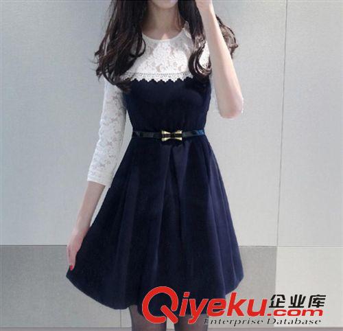 時(shí)尚新品 2015新款學(xué)院風(fēng)假兩件中長(zhǎng)款拼接圓領(lǐng)蕾絲公主裙連衣裙