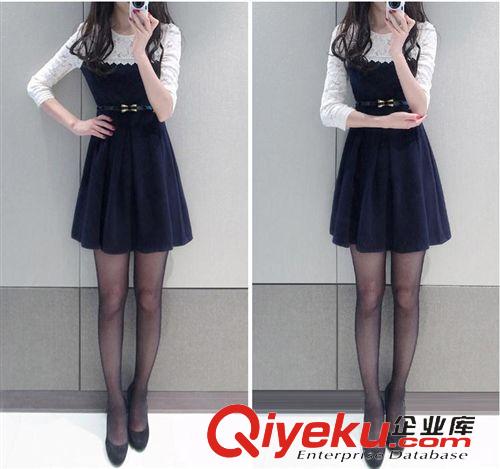 時(shí)尚新品 2015新款學(xué)院風(fēng)假兩件中長(zhǎng)款拼接圓領(lǐng)蕾絲公主裙連衣裙