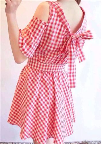 連衣裙 2015新款英倫格子連衣裙女夏 修身顯瘦小清新短袖露肩裙子潮原始圖片2