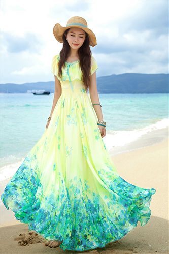 波西米亞連衣裙 2015新款黃色雪紡連衣裙波西米亞長裙度假沙灘裙