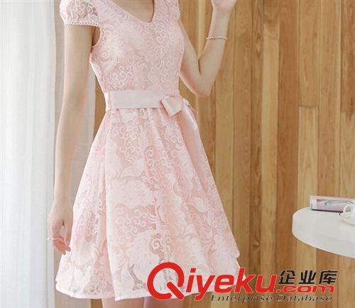 5月8號(hào)新款 2015夏季新款韓版修身淑女短袖女裝蕾絲雪紡氣質(zhì)夏季連衣裙女潮原始圖片3