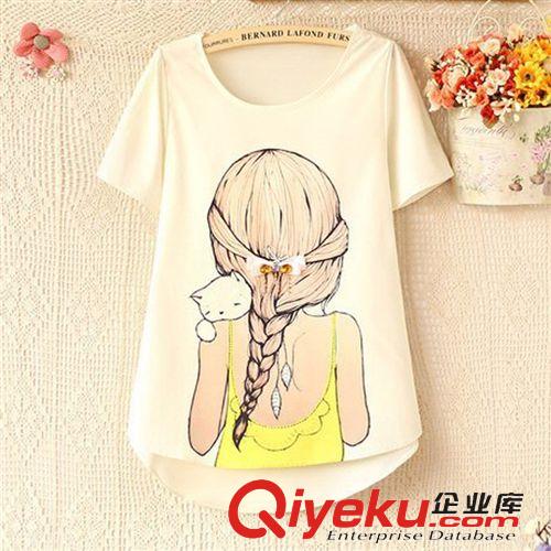 T恤衫 一件代發(fā)i夏季新款女裝韓版百搭美女圖案印花圓領(lǐng)短袖女雪紡衫T恤原始圖片3