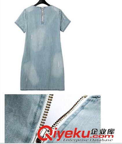 休閑褲 牛仔系列 胖mm夏裝新款水洗牛仔釘珠寬松牛仔裙圓領(lǐng)短袖加大碼連衣裙原始圖片2