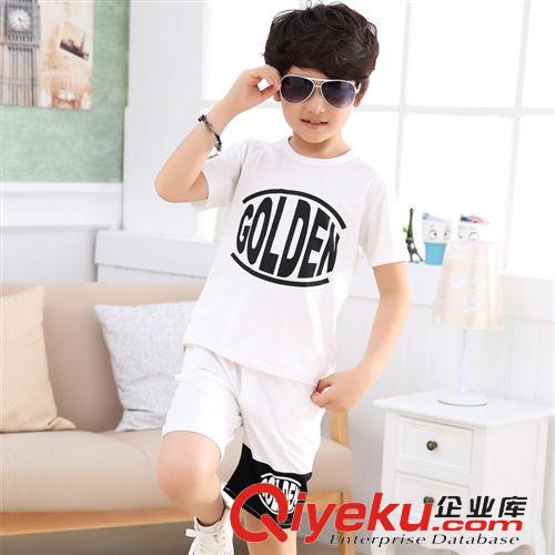 2015夏季新品sf 中大童套裝男2015夏兒童運動兩件套純棉短袖運動套裝免費代理批發(fā)