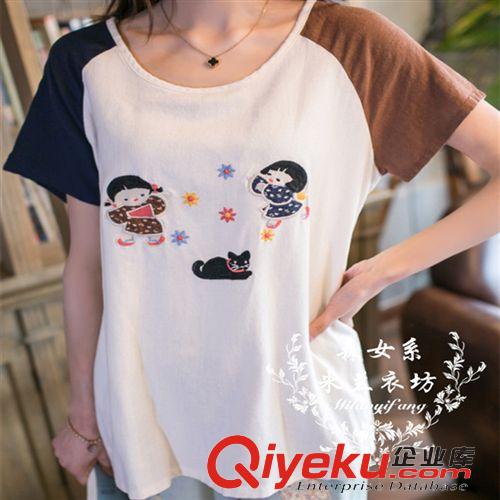 棉麻T恤  2015森女系幾何貼布刺繡拼色短袖寬松棉麻t恤 時尚女士T恤原始圖片2
