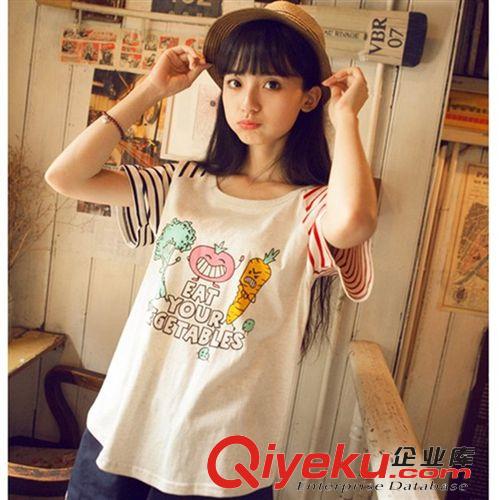 棉麻T恤  2015小清新蝴蝶結(jié)點點休閑條紋短袖T恤女