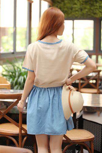 爆款系列 2015夏裝新款小鳥(niǎo)刺繡森女拼接棉麻短袖連衣裙原始圖片3