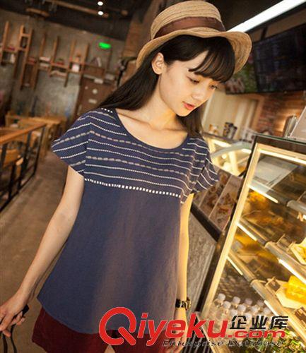 棉麻連衣裙 2015森女系文藝幾何圖案棉麻深藍色上衣寬松休閑t恤女原始圖片2