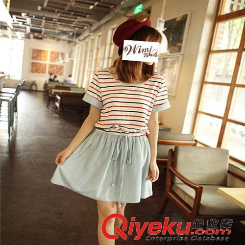 棉麻連衣裙 2015森女系條紋拼接牛仔收腰A字裙短袖連衣裙原始圖片2