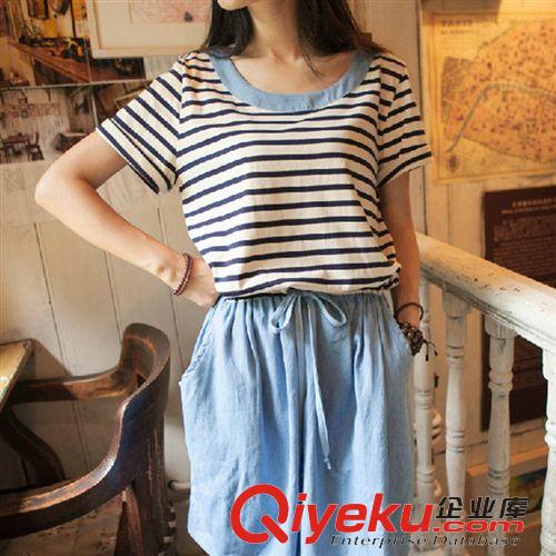 棉麻連衣裙 2015夏季森女系棉麻條紋顯瘦A字裙連衣裙