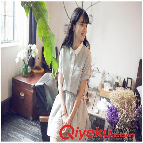 棉麻連衣裙 2015森女文藝范襯衫領(lǐng)拼接紐扣棉細條紋收腰寬松短袖連衣裙原始圖片2