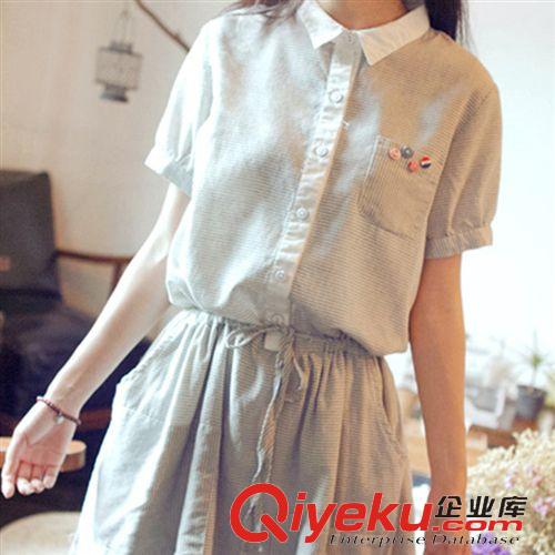 棉麻連衣裙 2015森女文藝范襯衫領(lǐng)拼接紐扣棉細條紋收腰寬松短袖連衣裙原始圖片3