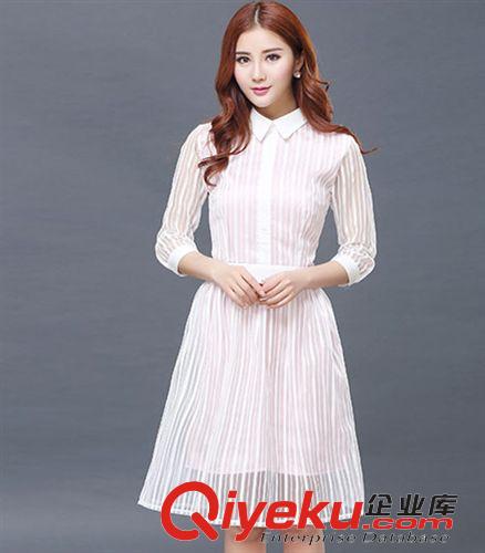 裙裝 歐洲站2015歐美風女裝春裝新款中長款條紋裙子七分袖連衣裙女潮品