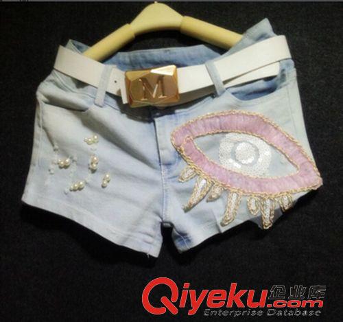 褲裝 2015夏裝新款韓版女裝潮重工眼睛亮片網(wǎng)紗釘珠牛仔短褲配腰帶原始圖片2