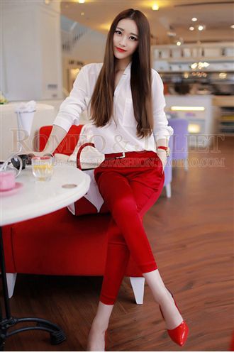 休閑套裝 歐洲站2015歐美春夏女裝新款菁菁同款白襯衫+紅色小腳褲 套裝潮品原始圖片3