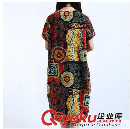 棉麻服裝 民族風2015年夏裝大碼寬松圓領中長款棉麻印花連衣裙女潮原始圖片3